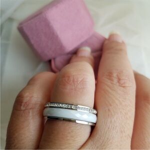 Swarovski Elements Titanium Stainless Steel White Ceramic Eternity Band Ring NEW